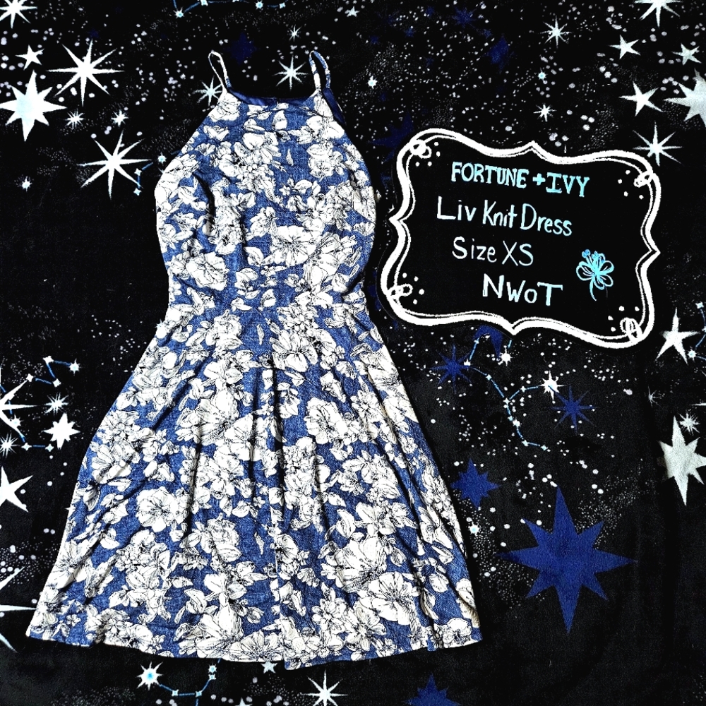 Fortune + Ivy: Liv Knit Blue & White Floral Pattern Mini Dress, Size XS, NWoT
